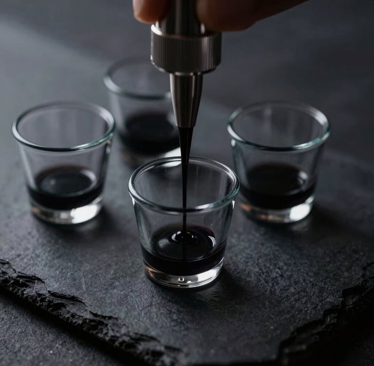 Moody dark-mode photography, close-up of precise ink mixing in small sterile cups on a dark slate background, dramatic side-lighting, silver accents