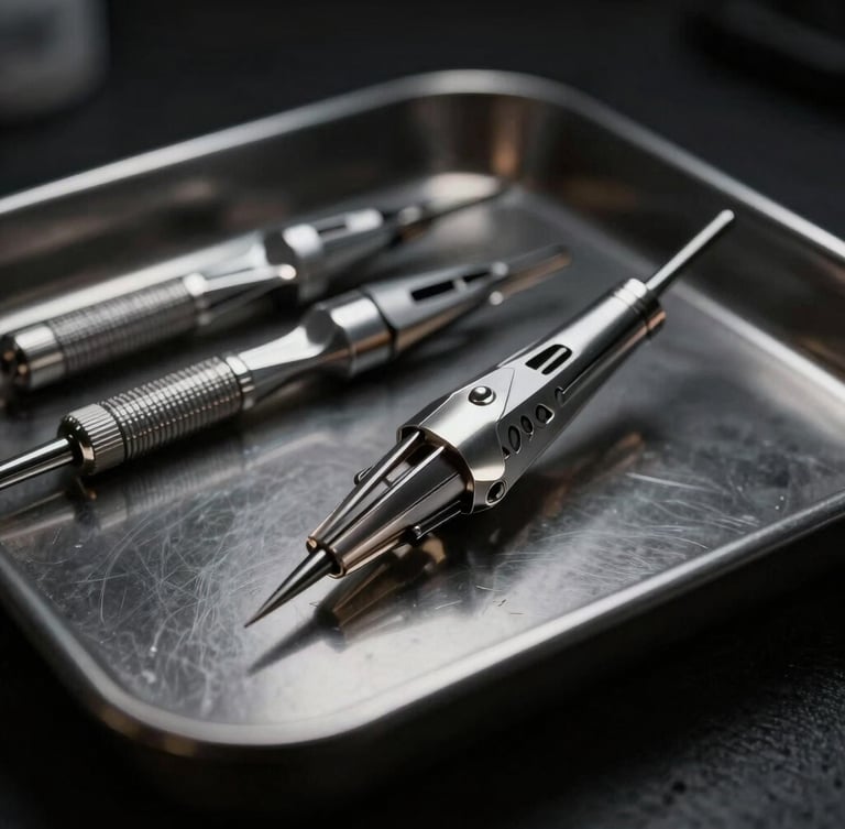 Close-up of sterile silver tattoo needles and precision tools arranged on a dark metal tray, dramatic high-contrast studio lighting, moody charcoal tones