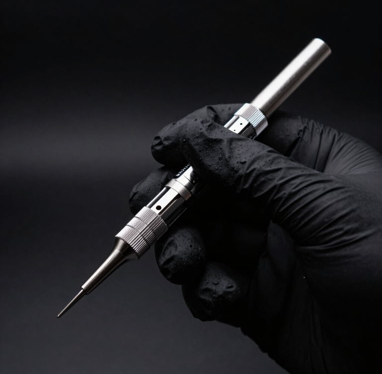 Macro shot of a professional hand in a black nitrile glove holding a precision silver dermograph, dramatic side-lighting, deep charcoal background, high contrast