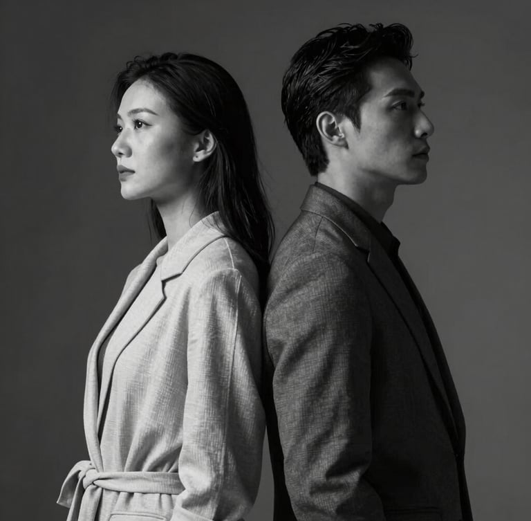 Vertical black and white portrait of an elegant couple standing back-to-back, dramatic studio lighting, deep shadows, crisp highlights on fine fabrics, high-fashion editorial style.