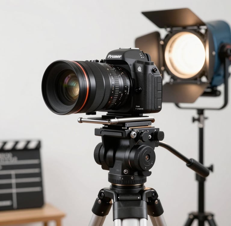 Primer plano de una cámara de formato medio profesional montada en un trípode de estudio pesado, con un reflector de luz de fondo y un ciclorama blanco al fondo.