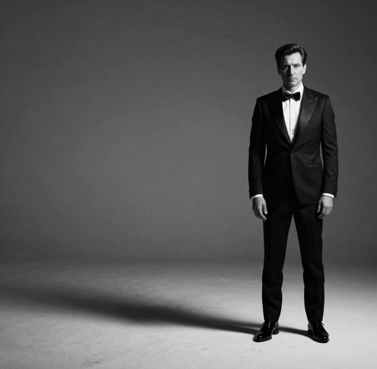 Wide panoramic 21:9 frame, dramatic studio strobe lighting with deep shadows, a high-contrast black and white portrait of an executive in a sharp tuxedo positioned to the right third, expansive negative space on the left.