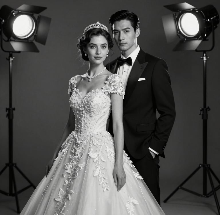 A striking black and white portrait of a couple in haute couture wedding attire, captured under dramatic studio strobes, timeless and elegant