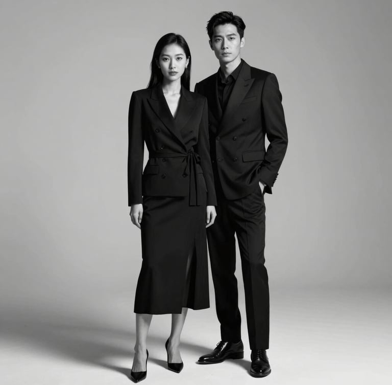 Vertical black and white portrait of an elegant couple in high-fashion attire, dramatic studio lighting with crisp shadows, clean minimalist background, Vogue style framing.