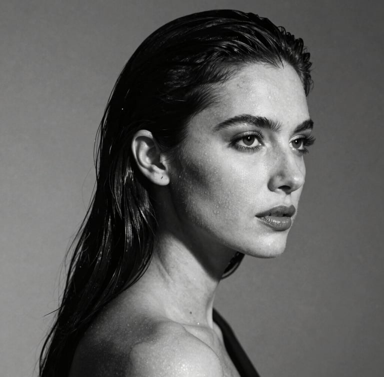 High-contrast black and white portrait of a woman looking elegant, dramatic studio lighting with deep shadows, editorial fashion style.