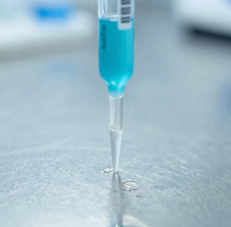 Macro shot of precise dosage forms on a stainless steel neutral surface in a bright sterile R&D laboratory, cool indigo tones, sharp focus