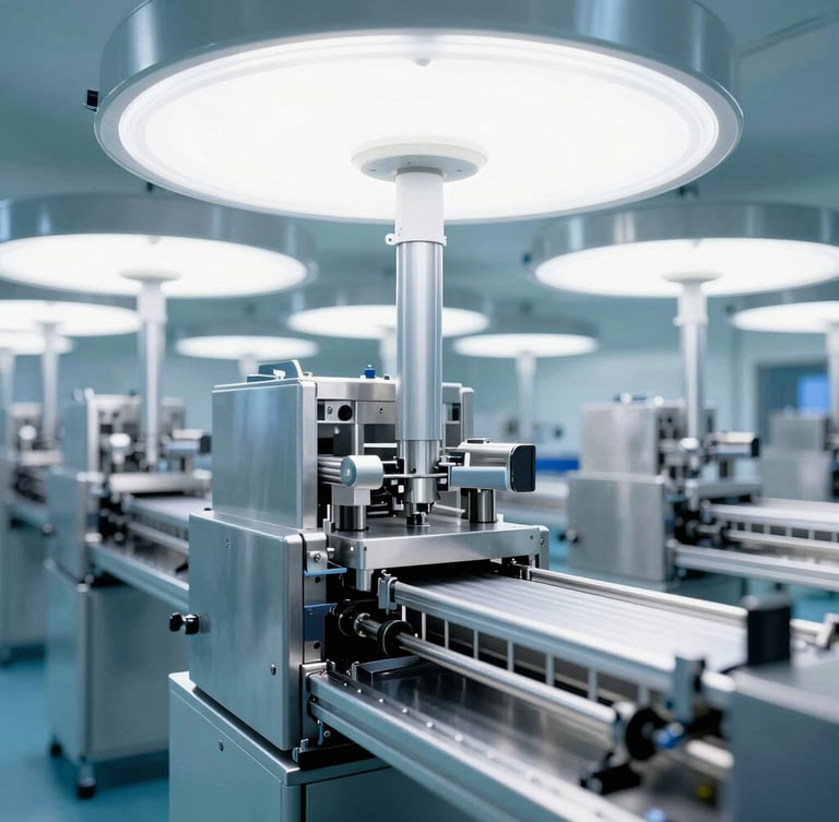 Wide panoramic cleanroom environment, stainless steel automated packaging lines under bright white sterile light, sharp architectural focus, 35mm