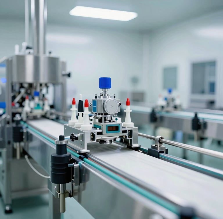 Wide architectural shot of an automated pharmaceutical packaging line, stainless steel conveyor belts, sterile cleanroom environment, bright white light, 35mm