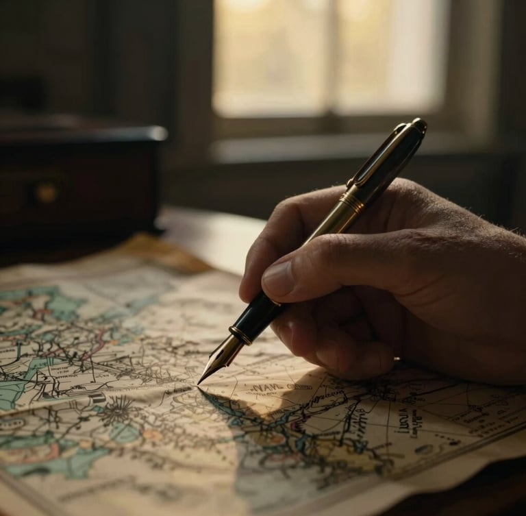 Close-up of a hand holding a vintage fountain pen over an old map, dramatic chiaroscuro lighting, soft golden-hour window light, dark fantasy aesthetic, portrait aspect, 35mm.