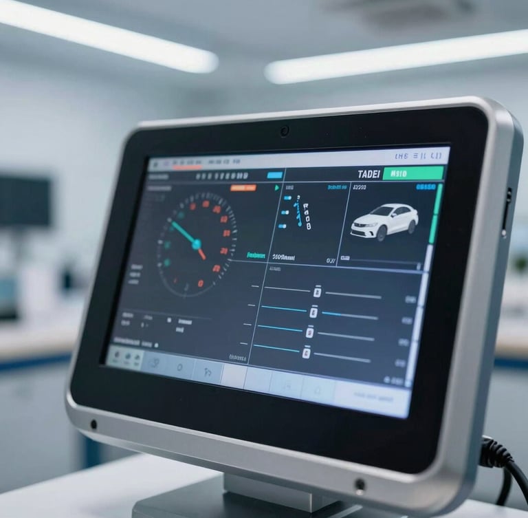 Macro close-up of a high-end diagnostic touchscreen showing live automotive telemetry data, bright workshop LED lighting, cool metallic tones, sharp focus