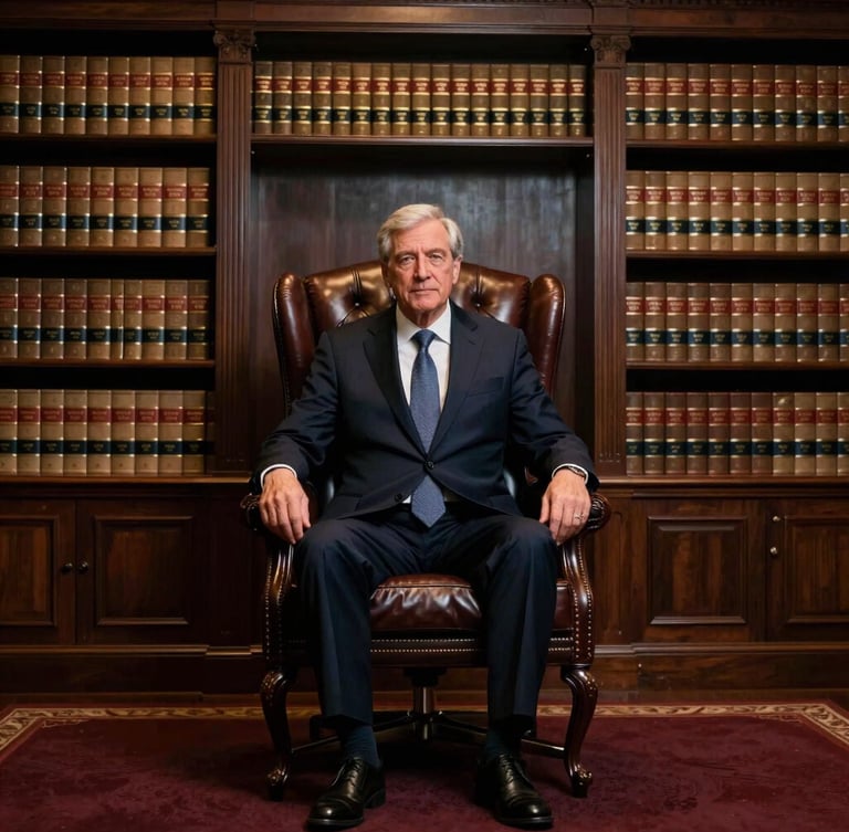 Authoritative environmental portrait of a senior male attorney in a dark tailored suit, sitting in a luxury classic office with leather-bound legal volumes, dramatic low-key lighting, warm highlights.