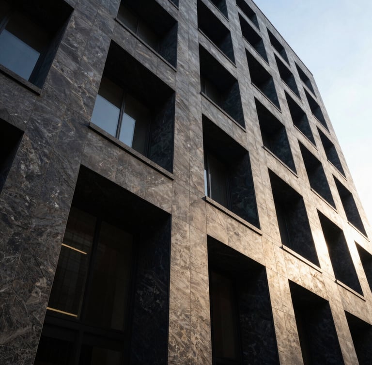 Dramatic low-angle shot of imposing modern judicial building facade, sharp architectural lines, dark slate stone, high contrast lighting.