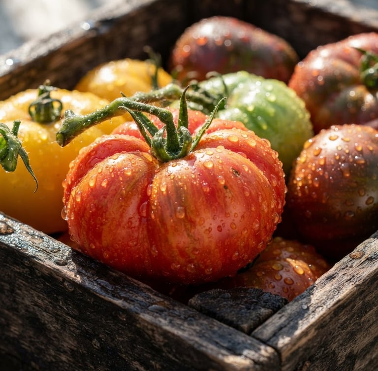 Macro close-up of pristine, water-droplet-flecked heirloom tomatoes in a dark wooden crate, bright natural morning sunlight casting crisp shadows, shallow depth of field