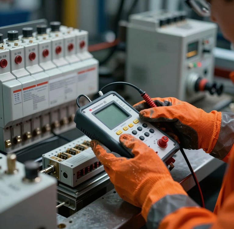 Close-up of industrial electrical components, hands of an engineer in high-visibility safety orange gloves and safety gear holding a technical testing device, dramatic high-contrast lighting.