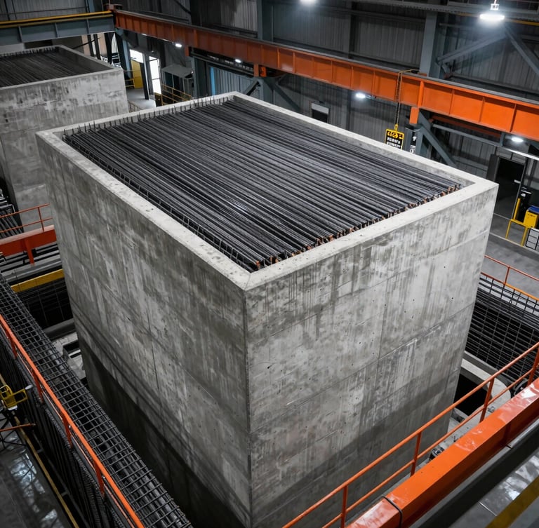 Industrial photography of a massive concrete foundation pour for heavy machinery, high-contrast warehouse lighting, steel rebar grid visible, safety orange accents, sharp focus, 35mm