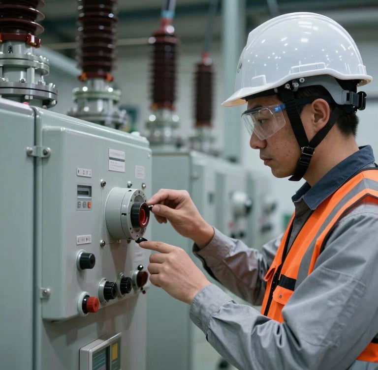 Detailed close-up of a certified engineer in full safety gear inspecting a high-voltage electrical substation, sharp focus, 35mm