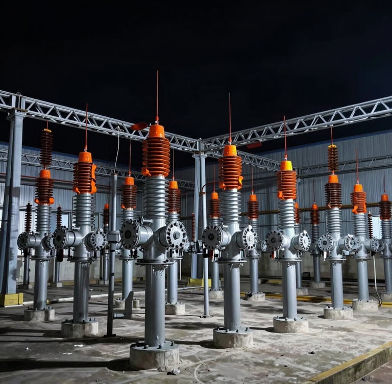 Wide environmental shot of an industrial electrical substation, cool metallic steel tones with high-visibility safety orange accents, dramatic high-contrast warehouse lighting, sharp focus, 35mm