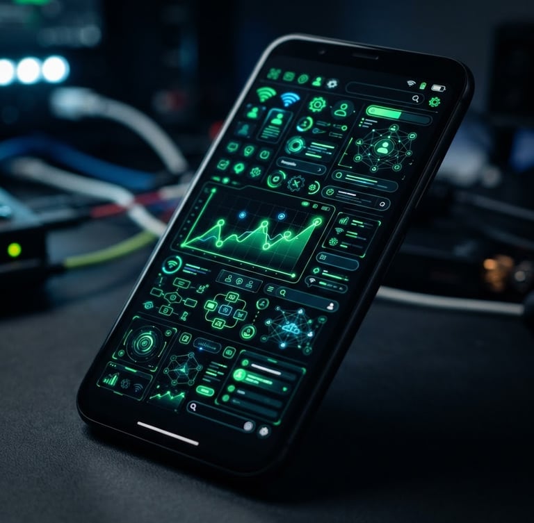 Sleek dark-mode tech photography, vibrant neon green accents, sharp focus on a high-fidelity Android UI mockup on a mobile screen, macro depth of field, 35mm