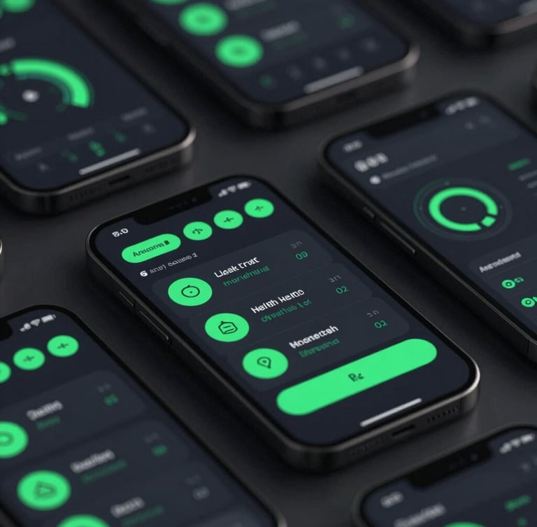Sleek dark-mode mobile mockup showing a clean health tracking dashboard with vibrant electric green data visualizations, macro depth of field