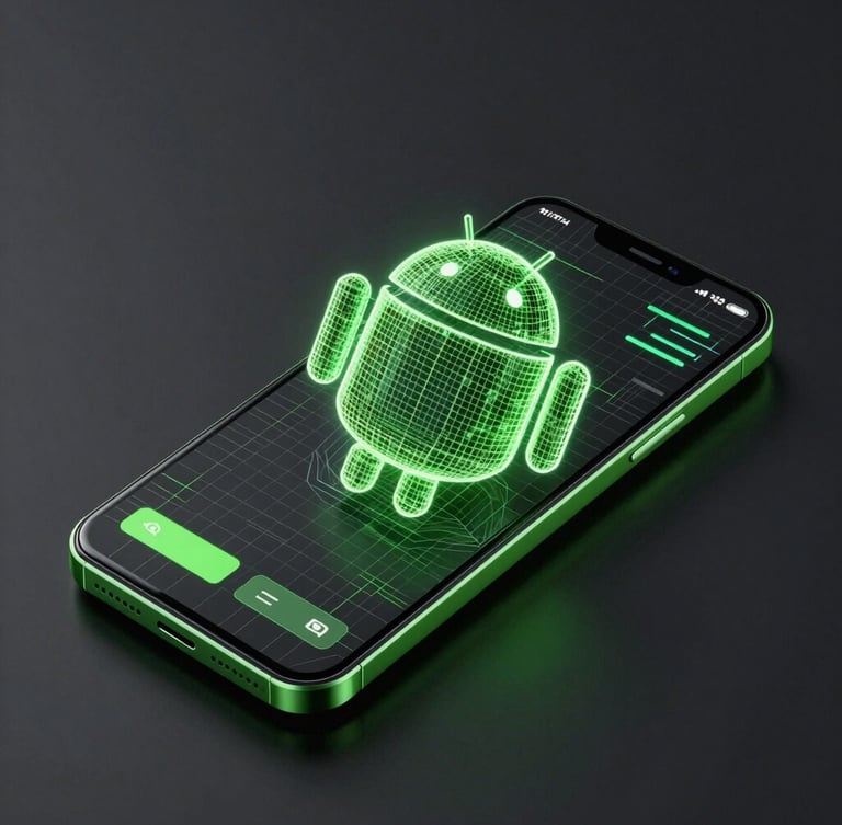 Sleek 3D digital render of a modern Android smartphone displaying a clean vector wireframe interface with high-contrast neon green accents, dramatic cybernetic glow, isometric perspective, dark charcoal background