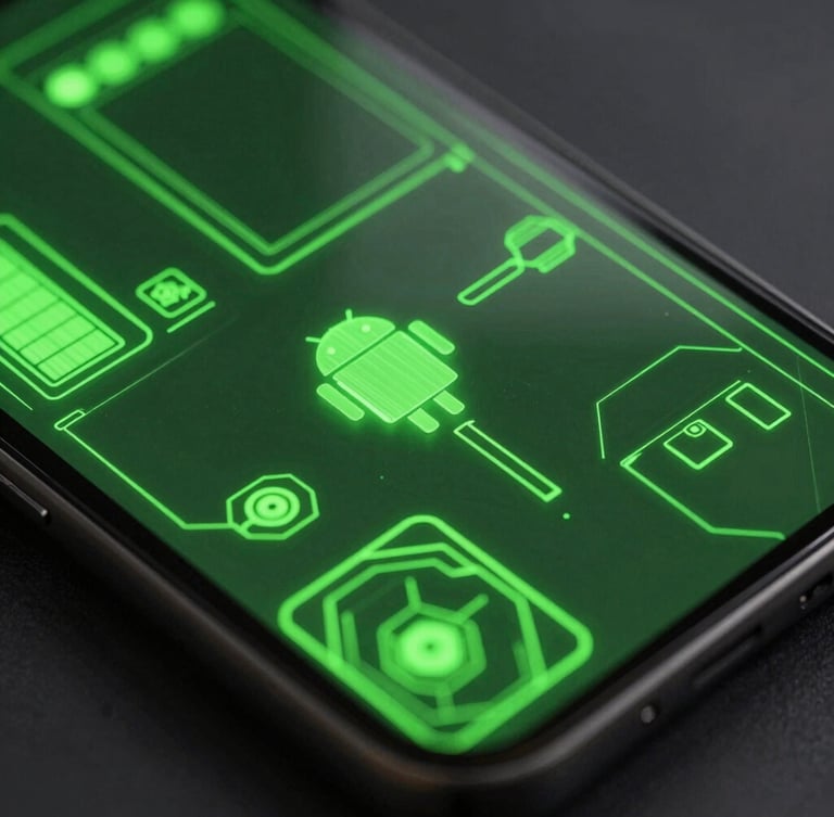 Extreme close-up of a modern Android screen displaying high-refresh-rate neon green gameplay wireframes, deep shadows, dramatic cybernetic glow, Dutch angle