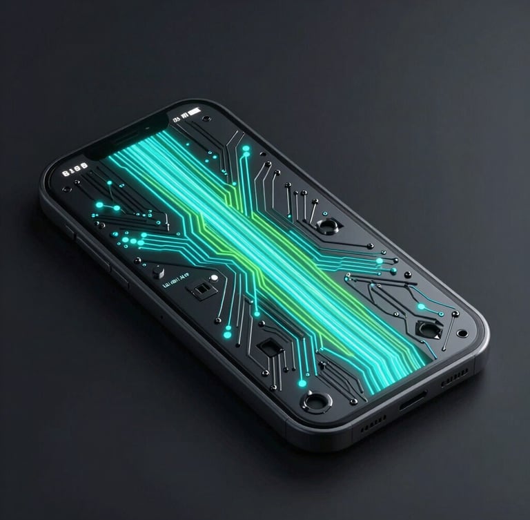 Sleek 3D digital render of a mobile interface wireframe, glowing cyan and neon green data streams flowing through a dark metallic circuit board, dramatic cybernetic glow