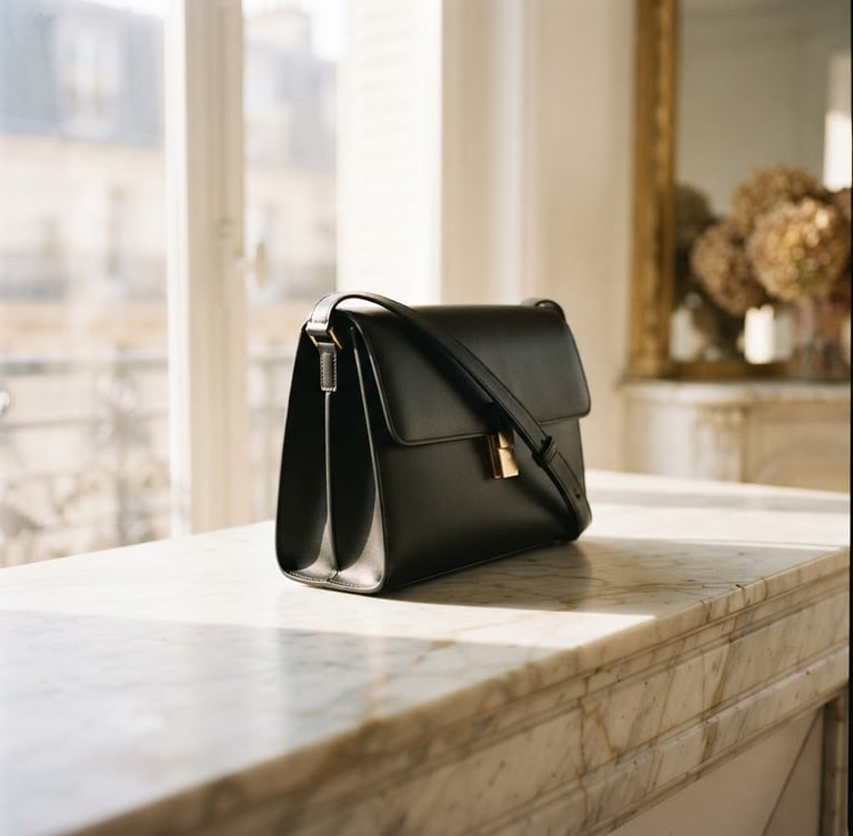 Elegant close-up of a structured minimalist leather handbag resting on a marble mantelpiece in a sunlit Parisian apartment, soft window light, long elegant shadows, 35mm film.