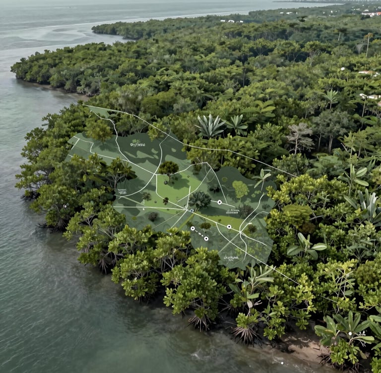 A technical mapping visualization overlaying a coastal mangrove forest, cool natural daylight, desaturated green tones, showing ecological zones.
