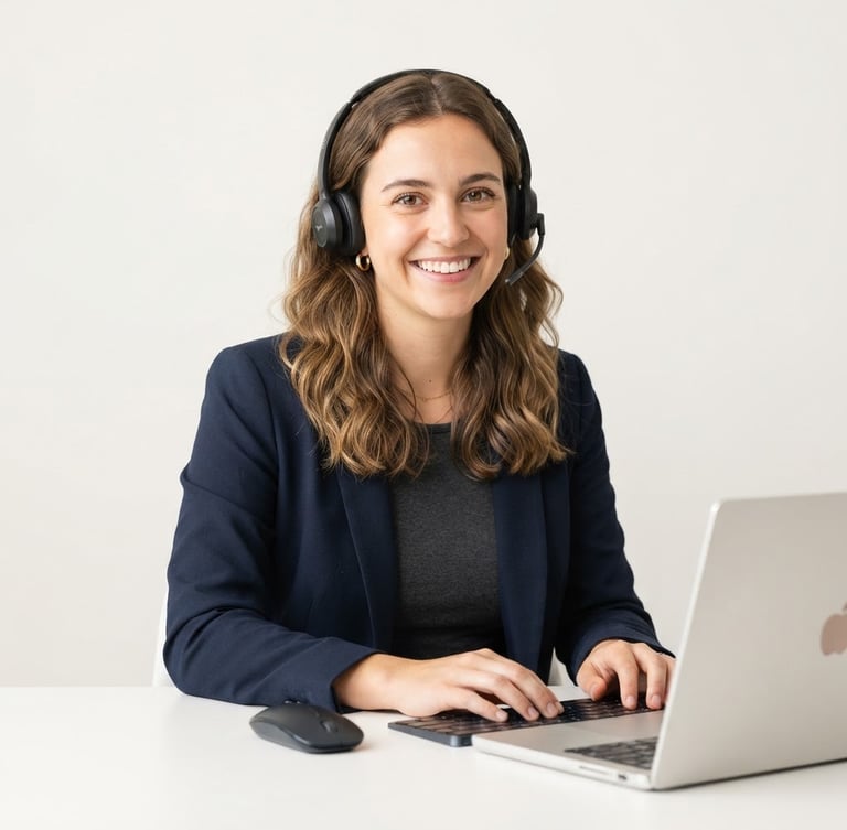 High-key studio shot of a modern customer support specialist wearing headphones, smiling warmly, minimalist off-white background