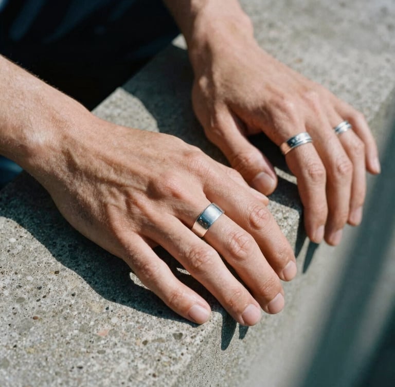 Close-up of hands with silver rings resting on a raw concrete ledge, high-contrast shadows, grain of medium-format film.