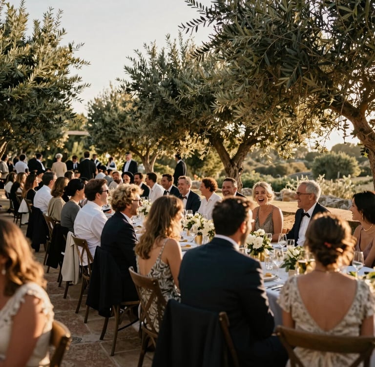 Wide angle cinematic shot of an outdoor wedding banquet in Mallorca, warm golden hour light filtering through olive trees, guests laughing candidly, motion blur, high contrast shadows, documentary style.
