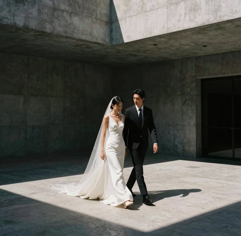 Cinematic wide shot, high-contrast direct sunlight, a bride and groom walking through a minimalist concrete courtyard in Madrid, deep shadows, editorial fashion framing, analog film grain.