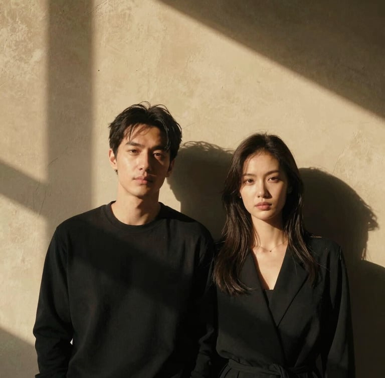 Cinematic medium-format portrait of a couple in high-contrast direct sunlight, shadows cutting across a warm plaster wall, unposed, editorial fashion aesthetic.