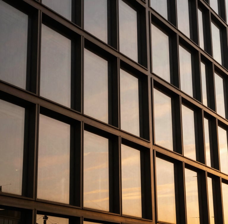 Extreme close-up of architectural steel and glass facade reflecting a golden sunset, deep bronze tones, sharp clean lines.