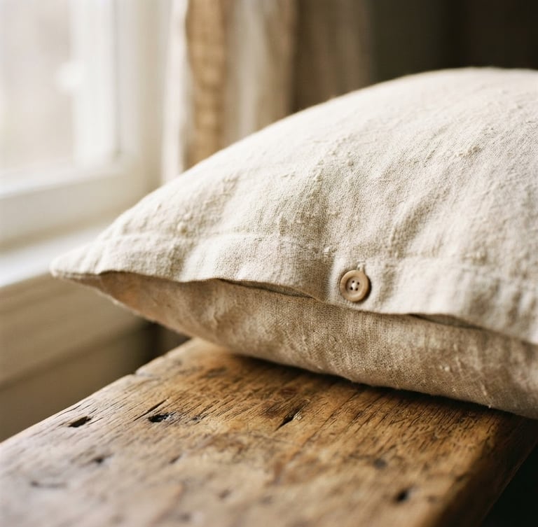 Close-up of heavily textured cream linen pillow cover resting on a rustic wooden bench, soft morning window light, shallow depth of field