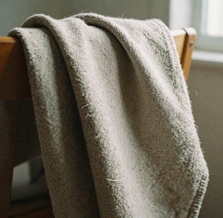 Tight macro shot of heavy-weight raw-textured flax blanket draped over a wooden chair arm, soft morning shadows, 35mm film