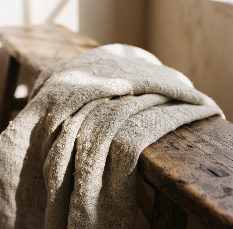 Close-up of heavy raw-textured flax linen draped over a rustic wooden bench, soft morning window shadows, warm editorial photography, 35mm film