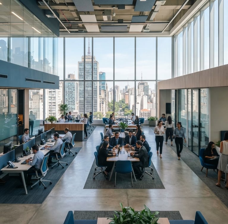 Wide environmental shot of a modern corporate office in São Paulo, bright natural daylight, professional business setting, clean blue and slate tones