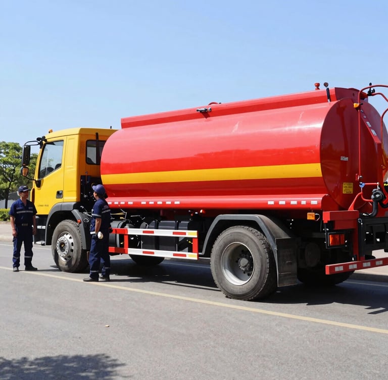 Bright documentary photography of a red and yellow vacuum tanker truck parked on a clean street during bright daylight, professional crew members standing beside it in uniforms.