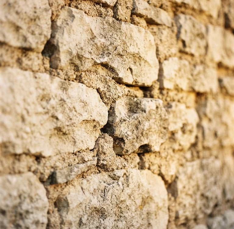 Close-up of a hand-carved limestone wall of a traditional Provençal mas, warm golden-hour light highlighting the rough mortar texture, shallow depth of field, 35mm