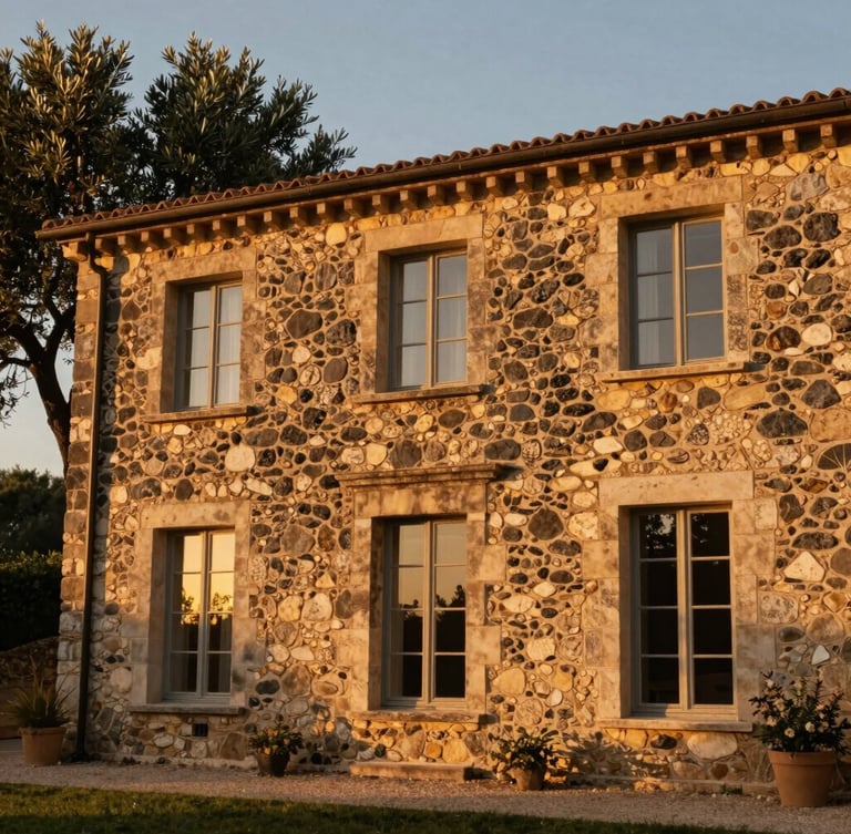 Low-angle heroic shot of a restored dry-stone facade of a luxury estate in Provence, warm twilight glowing through windows, olive trees in background, 35mm