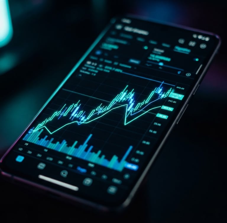 Macro shot of a modern smartphone screen displaying a sleek dark-mode finance app interface, glowing neon teal and electric blue charts, moody low-key ambient lighting, shallow depth of field