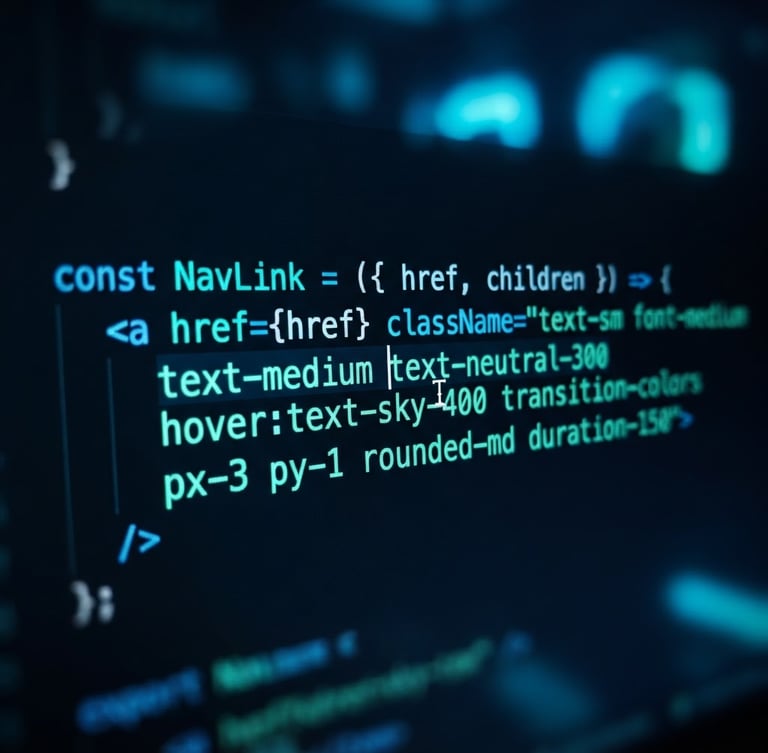 Macro shot of clean React and Tailwind code on a dark monitor, glowing neon teal and electric blue syntax highlighting, high-contrast moody lighting, extremely shallow depth of field, sleek tech aesthetic