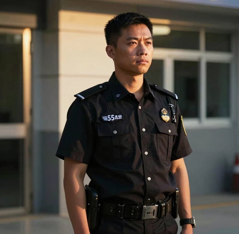 Cinematic portrait of a professional security operator in disciplined low-profile attire standing near a secure facility, soft golden hour lighting, sharp focus, 35mm