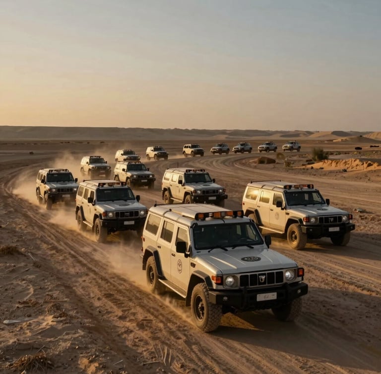 Wide panoramic shot of a secure corporate convoy of armored SUVs traversing a dusty Iraqi landscape at golden hour, low-key cinematic lighting, sharp focus, 35mm