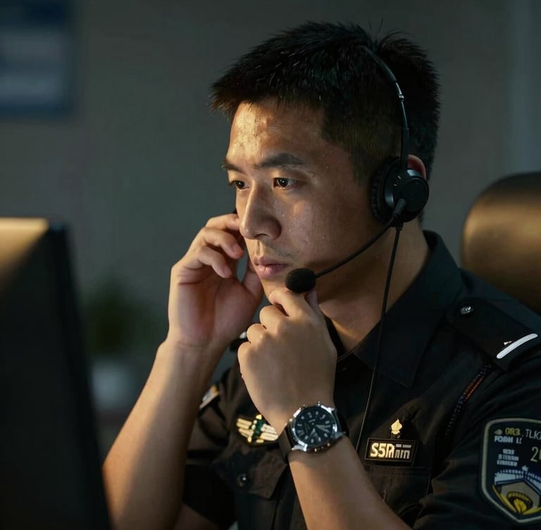 A professional security operator in low-profile disciplined attire adjusting communication gear, deep shadows with gold accent lighting, sharp focus, 35mm