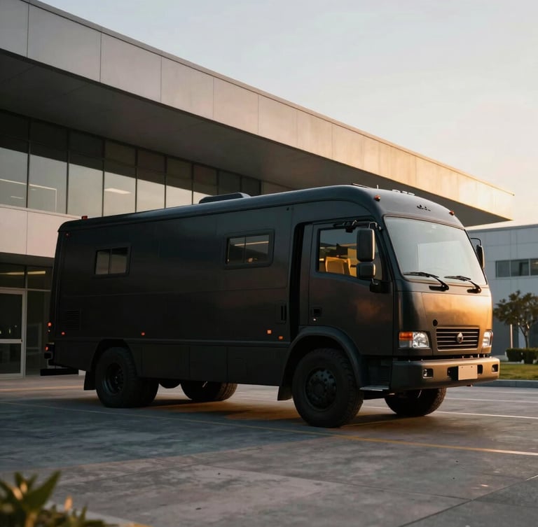 Wide environmental shot of a secure black transport vehicle parked outside a modern architectural facility at golden hour, sharp cinematic lighting, golden highlights, 35mm.