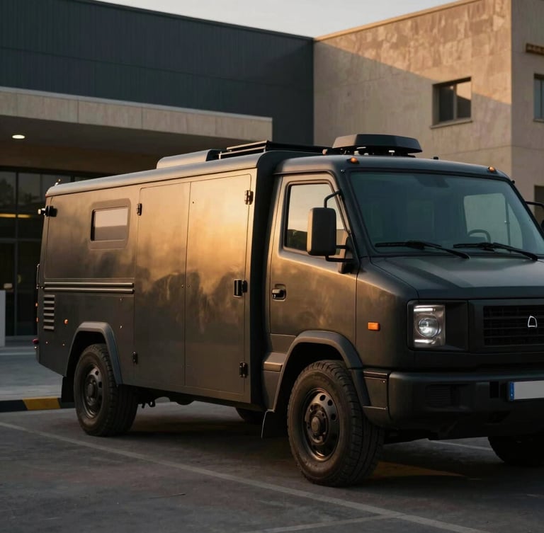 Low-key dramatic cinematic shot of a modern secure transport vehicle parked near a high-security facility in Baghdad, golden hour highlights, sharp focus, 35mm