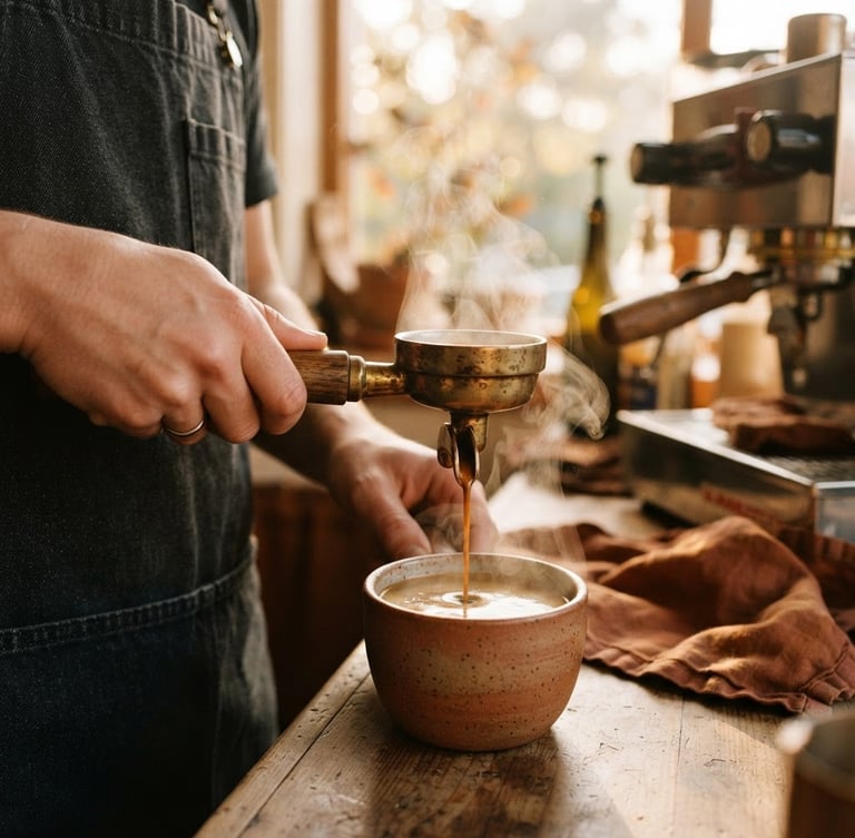Close-up of barista hands pouring coffee from a brass filter, steam rising, warm golden-hour window light, shallow depth of field, rich terracotta and espresso tones.