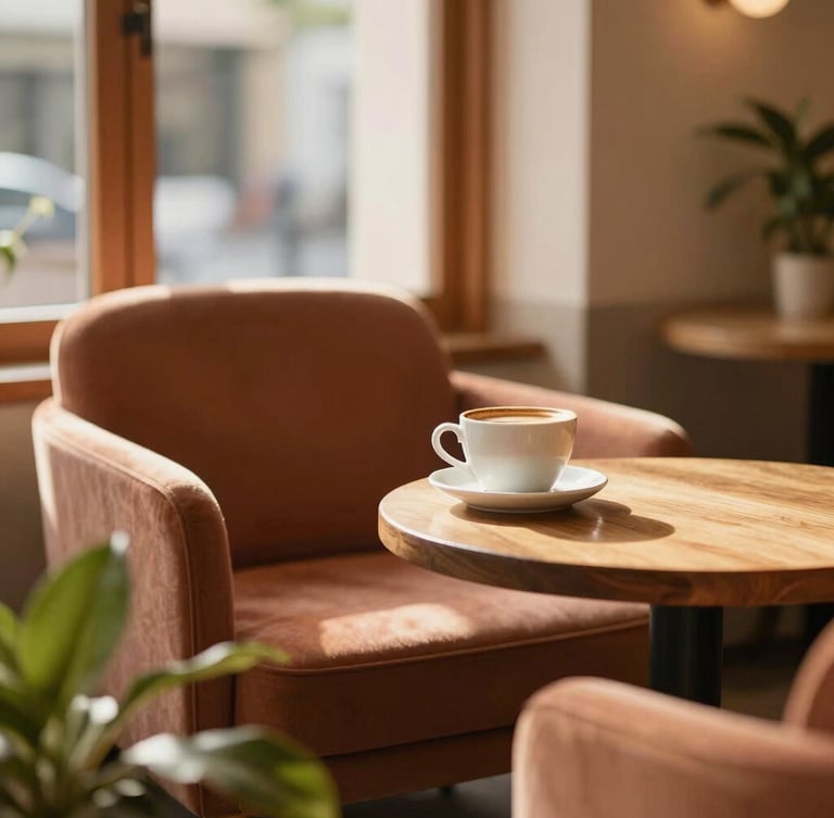 Portrait shot of a cozy cafe interior, soft natural light illuminating a comfortable armchair and a small wooden table with a ceramic coffee cup, green plants in foreground, warm, inviting atmosphere, shallow depth of field, terracotta accents.